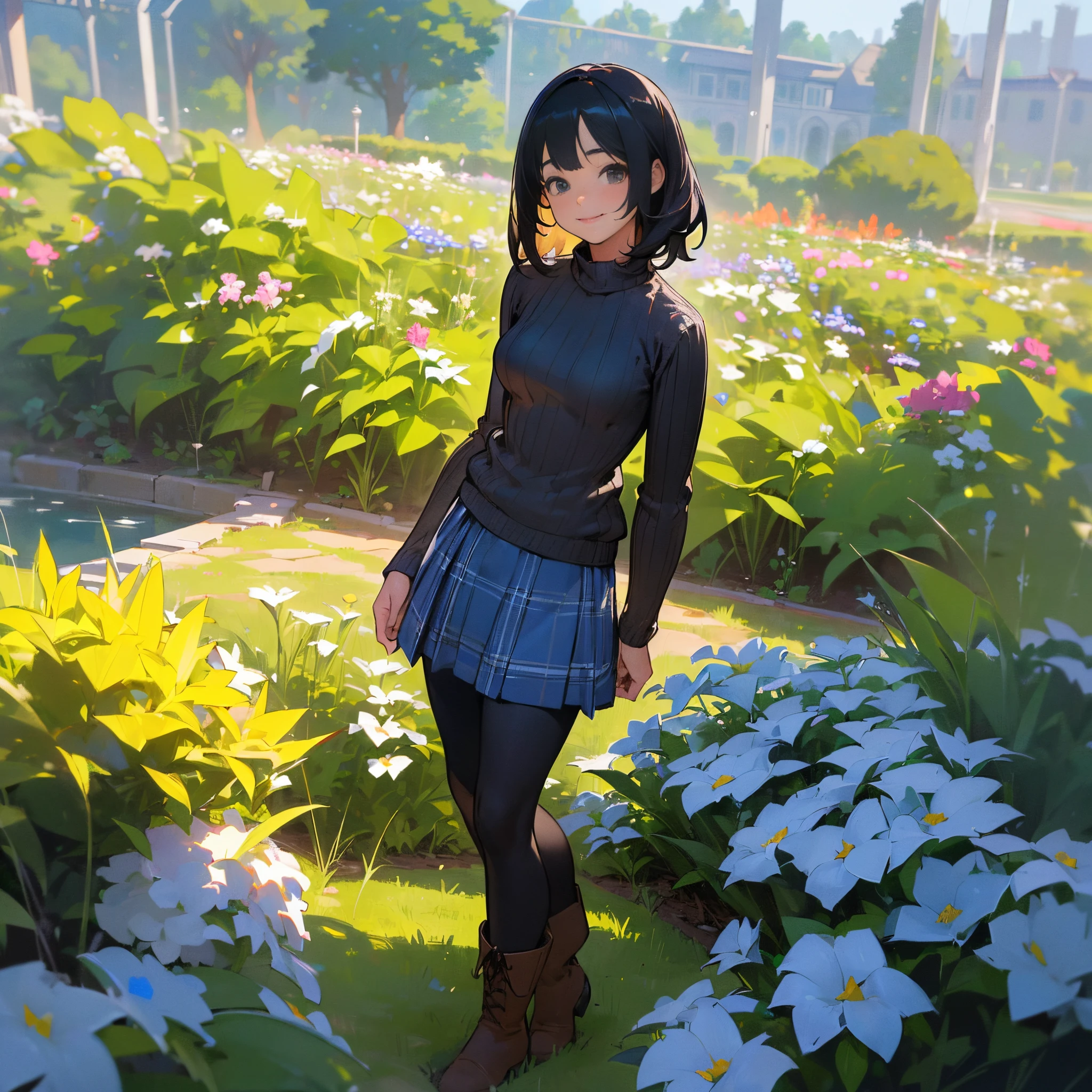 (High quality, High resolution, Ultra-detailed, Realistic:1.37), peaceful ambiance, (plein air, garden), age girl standing alone, (My breasts are big.), Beautiful detailed features, Cute smile, (Black bob hair), Ribbed sweater, blue plaid skirt, Black tights, Brown boots.