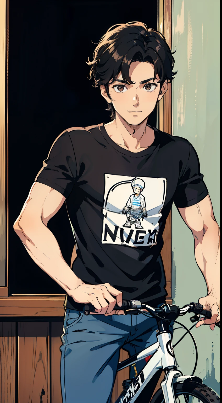 Handsome guy with a helmet holding a bicycle, brown eyes, dimples, fair skin tone,  black hair, wearing t shirt thats has black and white color.