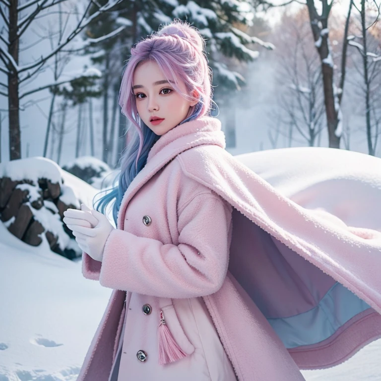 when the cold winter comes,This blue-pink haired beauty seems to be the incarnation of the goddess of and snow。She stands in a world covered in silver,Perfectly paired with winter backgrounds。
Under the snow,Her blue-pink hair looks like a frozen waterfall,It shimmers with crystal clear light in the sunlight。Cold air condenses into tiny water droplets,gently on her hair,embellished like pearls。
She wears a heavy but elegant down jacket,The color of her coat matches her blue-pink hair。The fabric of the jacket is soft and warm,As if tailor-made for her,Perfectly outlines her slender figure and charming curves。Whenever the breeze blows,The swing of the coat brings a soft murmur。
She has a pair of warm gloves on her hands,The color of the gloves matches her hair,Add a pop of bright color。When her gentle hands,Snowflakes melted on her gloves,Turn into a drop of crystal clear water。
Her cheeks flushed slightly,Winter natural pink。The cold air condensed on her eyebrows and eyelashes,Just like the exquisite crystal embellishment, it makes her face more beautiful and charming。
The beautiful woman stands in the silver-white snow,Like the most delicate flowers in the cold winter。With her unique charm and mysterious temperament, ella,Attract the attention of everyone around you。Her blue-pink hair blends perfectly with the winter background,Draw an intoxicating picture。