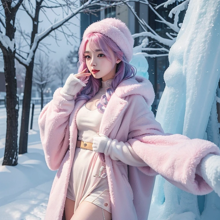 when the cold winter comes，This blue-pink haired beauty seems to be the incarnation of the goddess of  and snow。She stands in a world covered in silver，Perfectly paired with winter backgrounds。

Under the snow，Her blue-pink hair looks like a frozen waterfall，It shimmers with crystal clear light in the sunlight。Cold air condenses into tiny water droplets，gently on her hair，embellished like pearls。

She wears a heavy but elegant down jacket，The color of her coat matches her blue-pink hair。The fabric of the jacket is soft and warm，As if tailor-made for her，Perfectly outlines her slender figure and charming curves。Whenever the breeze blows，The swing of the coat brings a soft murmur。

She has a pair of warm gloves on her hands，The color of the gloves matches her hair，Add a pop of bright color。When her gentle hands，Snowflakes melted on her gloves，Turn into a drop of crystal clear water。

Her cheeks flushed slightly，Winter natural pink。The cold air condensed on her eyebrows and eyelashes，Just like the exquisite crystal embellishment, it makes her face more beautiful and charming。

The beautiful woman stands in the silver-white snow，Like the most delicate flowers in the cold winter。With her unique charm and mysterious temperament, ella，Attract the attention of everyone around you。Her blue-pink hair blends perfectly with the winter background，Draw an intoxicating picture。