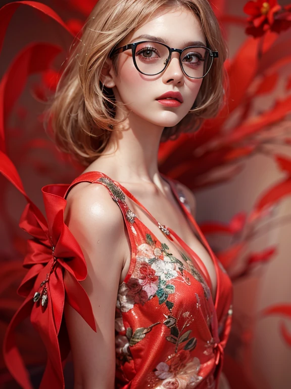 (best quality color photo of a mysterious beautiful woman on a  fashion magazine cover, wearing fashion glasses, haute couture fashion shoot:1.2),(An extremely delicate and beautiful work:1.2), elegant pose, glamorous fashion pose, simple background, art nouveau, luxury fashion, (red flame glasses, small square design glasses),(she is the embodiment of beauty and allure, her clothes are soft and light texture as air, elegant and sophisticated fashion) detailed face, looking at viewer, detailed eyes, black eyes, lustrous lips ,cleavage, Gentle and enigmatic expression, High color saturation, (best quality, masterpiece, ultra detailed, ultra high res, photorealistic, raw photo, absurdres, absolutely resolution:1.4),