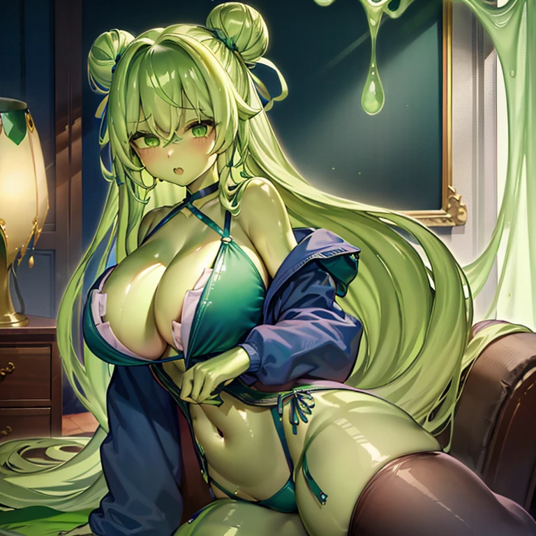 1 girl, long green hair in a bun, green skin, alien girl with green skin, green eyes, blue bra and underwear, wearing an opened blue jacket, breasts exposed, thighs exposed, large boobs, large ass, wide hips, thicc, sexy, beautiful, bedroom background, slightly transparent body, green body.