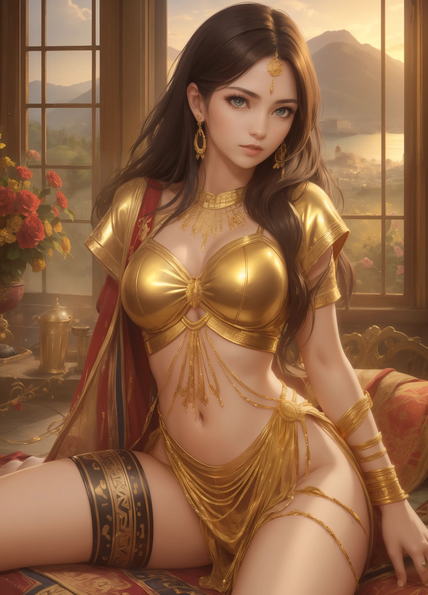 masterpiece ,ultra realistic, photo realism , beautiful black woman , wet lips , brown eyes , long brown hair , loose in the wind , muscular thighs , full body , (( tattoo on the side of the leg , tribal tattoo )) , very detailed skin , sexy position , golden dress , (( golden greek style dresright , all detailed , landscape in aphrodisiac background , window , dawn , sin , lust , strong illumination , striking , 8k - --auto --s2