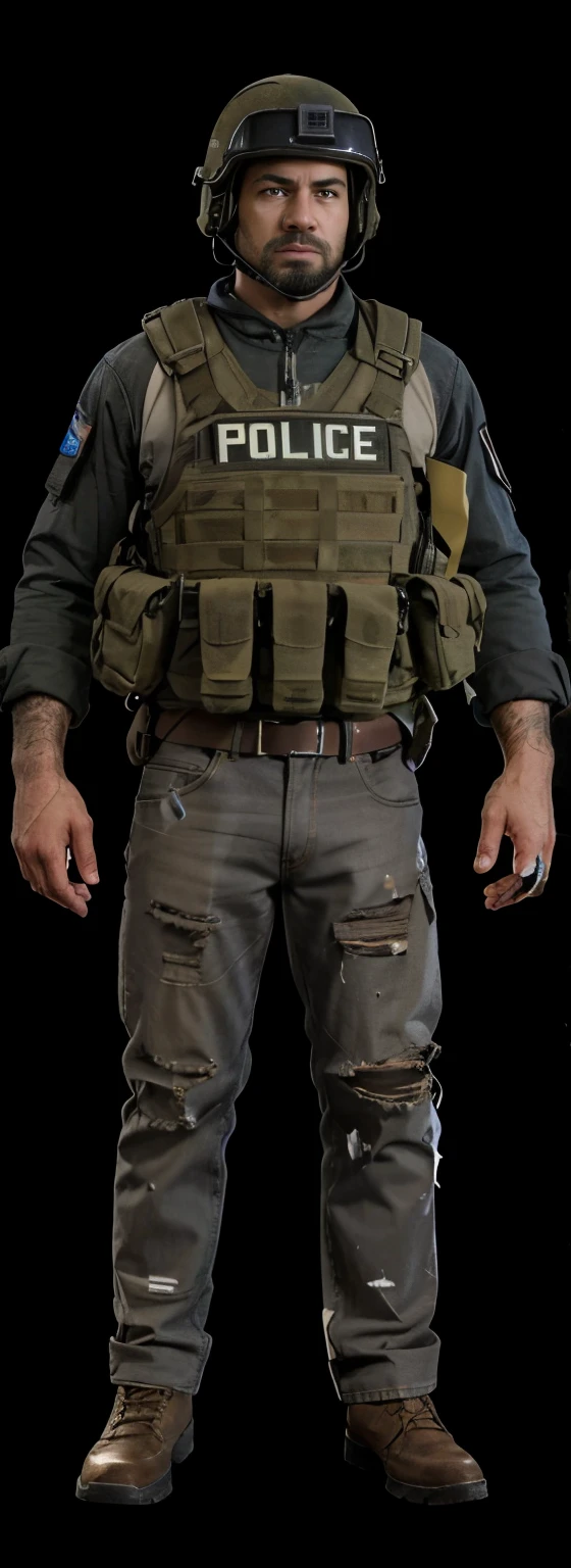 Homem 39 anos, capacete militar,cor de pele Moreno, colete militar preto, Denim Jeans Pants, camisa longa, Hyper-realistic cinematic lighting that super-details skin texture , survival, destruction, 8k, Ultra HD | | | | | | | | | | | | |, (Post-apoc, Post-apoc_character)