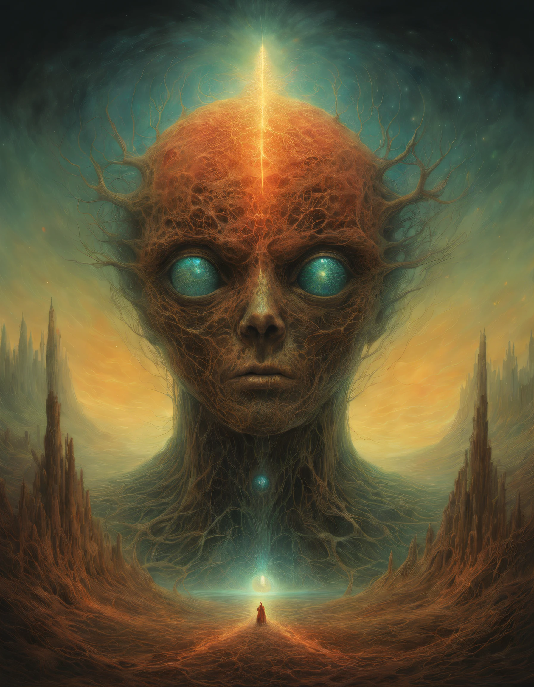 Mythological creatures, Por Zdzislaw Beksinski e Van Gogh, Album cover art, Roma, surrealismo, Futuristic ,Satan, coral, mago, abstrair, Escuro, vermelho, Inferno, Landscape, pesadelos, medo, Crueldade, ANGUISH, calamidade, Sombras, monstros, Universo Arthur Lewin, Olhos brilhantes e claros, Biomechanicals, Estranhamente, hideous, pesadelo, cores muito brilhantes, light particles, There is bright light, Mshiv, Arte do papel de parede, papel de parede ultra HD, Beksinski MacManus com asas douradas sim, An alien healing lab A quantum vibrational extraterrestrial platform with ethereal sine waves and cybernetic codes stands out, emitting an ethereal glow. The aura of a man inside the platform receiving energy from being an ethereal body of light, apenas a aura daquele humano , Cercado por uma aura de luz vibrante