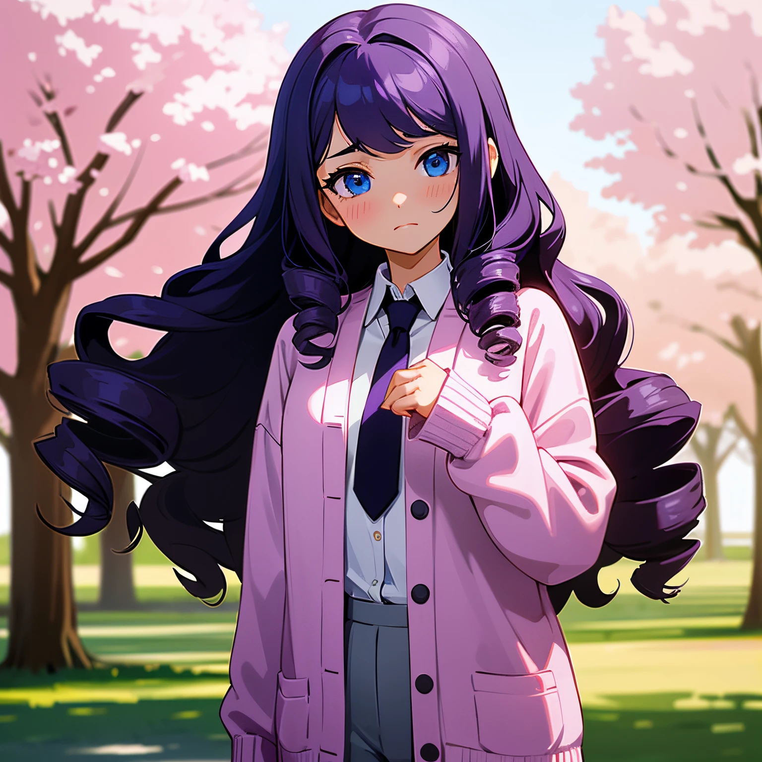 A beautiful girl with long wavy violet hair, drill curls, side swept bangs, blue eyes, light tanned skin, blank expression, slight blush, wearing a white long sleeve shirt, plain black necktie, and pink cardigan, at the park, surrounded by cherry blossom trees