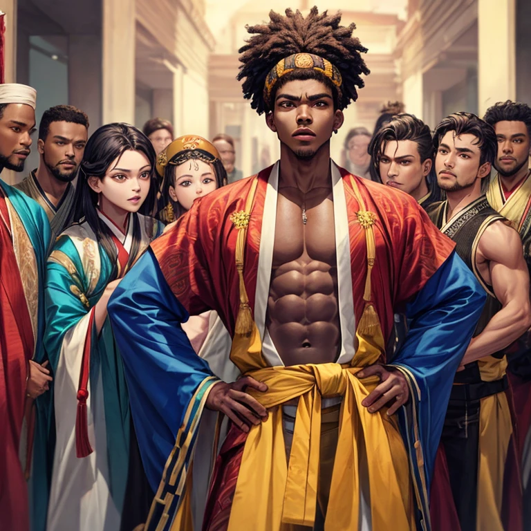 Um homem alto negro africano musculoso vs Hanfu beleza,cara a cara,antagonismo,Hands on hips,chest,head looking up,(pernas bonitas:0.9),de baixo