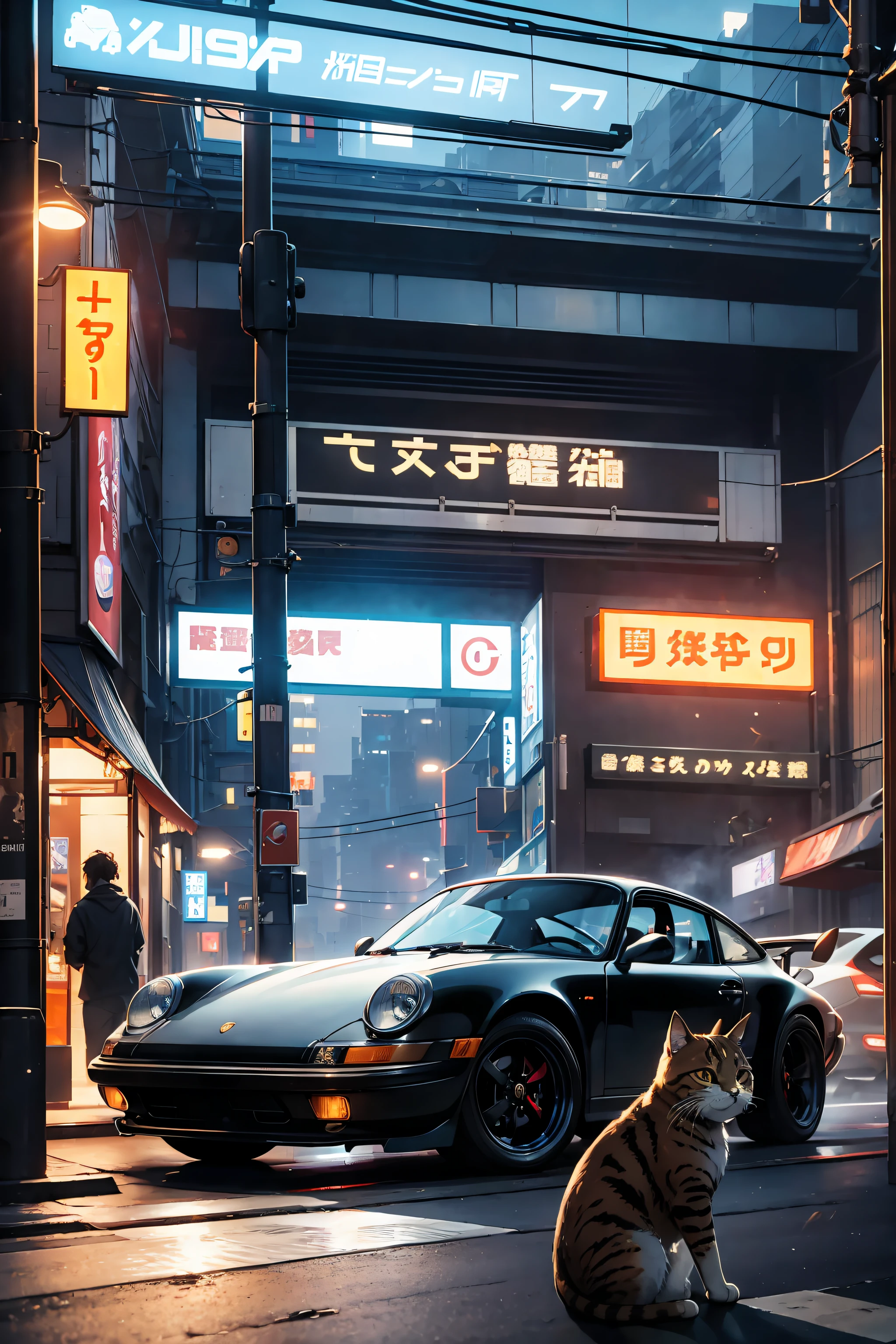 fast and furious with cats, cars and cats, streets of tokyo japan, image of porsche 911 on the street, brown tabby cats sitting around the car looking at viewer, highly detailed cats, correct proportions, night time, street lights, convenience store in background behind car, 1car, vintage neon signs, best quality, highly detailed image, 8k, high resolution, masterpiece, HDR, ray tracing
