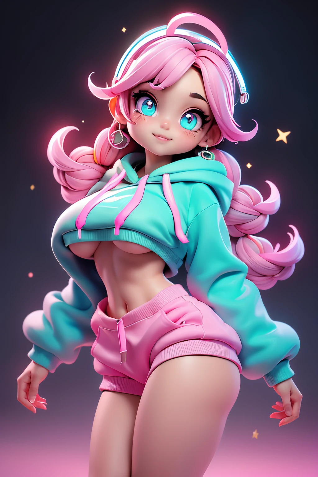 girl, (Lower bust:1.4),Large breasts droop、(ssmile:1.5)，Colored inner hair,Long gray hair:1.5,Long unkempt hair:1.35,cabelos preto e longos,Complex hairstyles,(((neon_Pink_There are eyes:1.3))),complex eyes,Beautiful and delicate eyes,symetric eye)),(spider lower abdomen,Willow waist,Wide hips,athletic body build,inflatable legs,Detailed body), Cute big breasts,'s,((((cropped hoodie,)))), (dynamicposes:1.0),Just focus,Embarrassing,(Located in the center,Scale to fit the dimensions,the rule of thirds), Neon lights are particularly eye-catching, very bright neon light,during night, star night, kosmos, artsy photography,(Photos taken by sldr),A high resolution, Focus sharp, (realistic artwork:1.37),(extremely detaild's CG unified 8k wallpapers),((Synthetic wave background theme)),(((vibrant with colors))),iintricate,(intricate background),(tmasterpiece),(Best quality at best),It's a perfect face,Perfect facial detail,Realistic face,Live photos,analogue style,((Complicated details)),(((actual))),