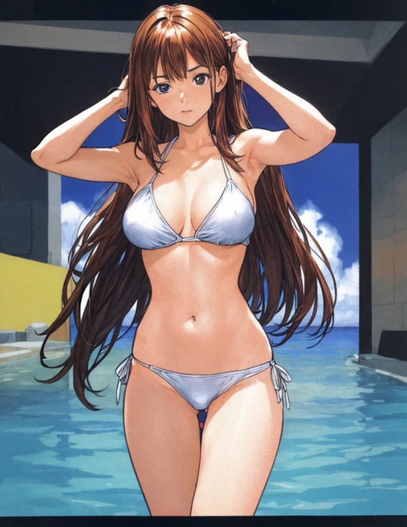 A beautiful woman with shoulder-length brown hair, big breasts, and beautiful legs is wearing a white bikini and standing by the school pool with an irritated expression, showing off her crotch.。