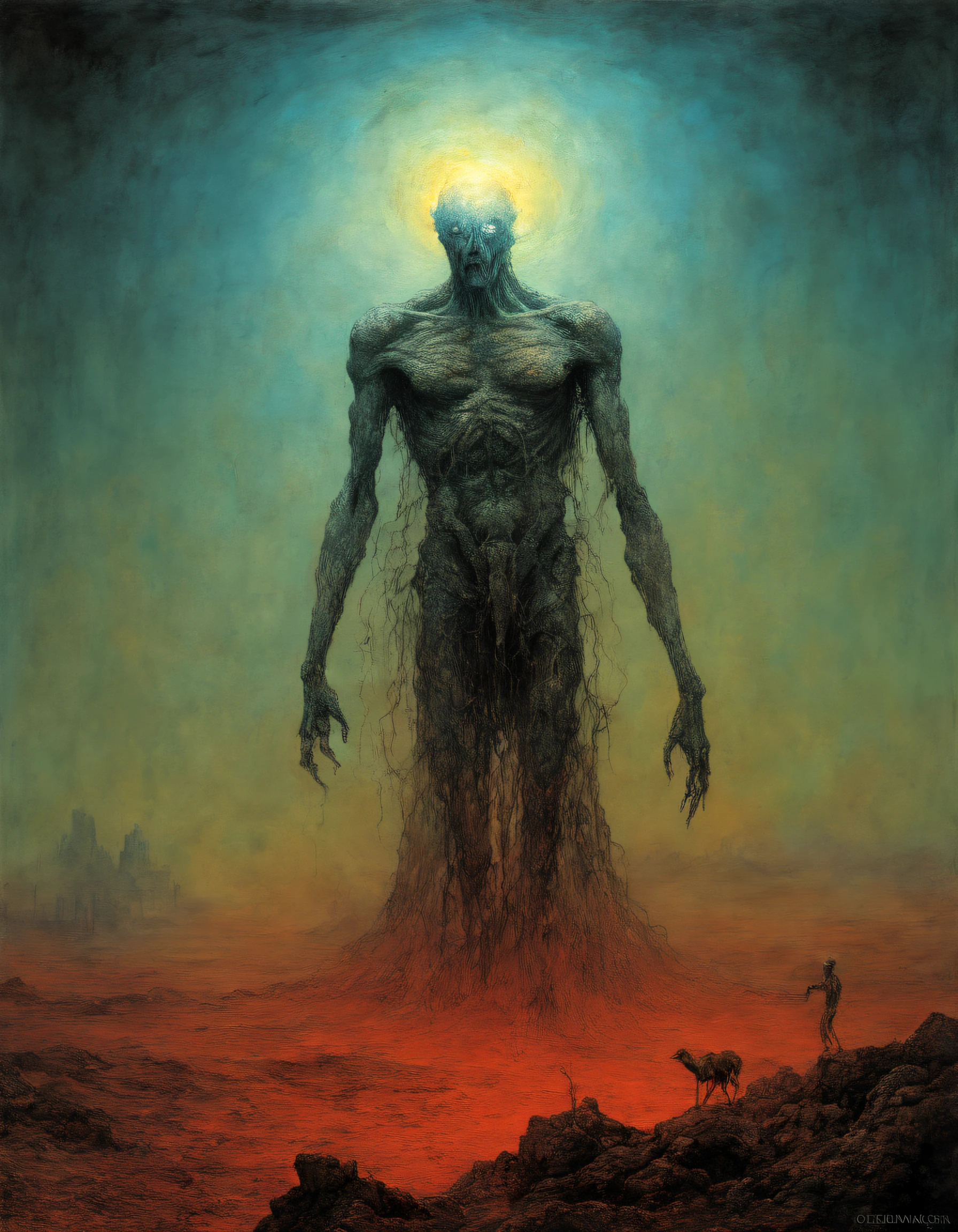 Mythological creatures, Por Zdzislaw Beksinski e Van Gogh, Album cover art, Roma, surrealismo, Futuristic ,Satan, coral, mago, abstrair, Escuro, vermelho, Inferno, Landscape, pesadelos, medo, Crueldade, ANGUISH, calamidade, Sombras, monstros, Universo Arthur Lewin, Olhos brilhantes e claros, Biomechanicals, Estranhamente, hideous, pesadelo, cores muito brilhantes, light particles, There is bright light, Mshiv, Arte do papel de parede, papel de parede ultra HD