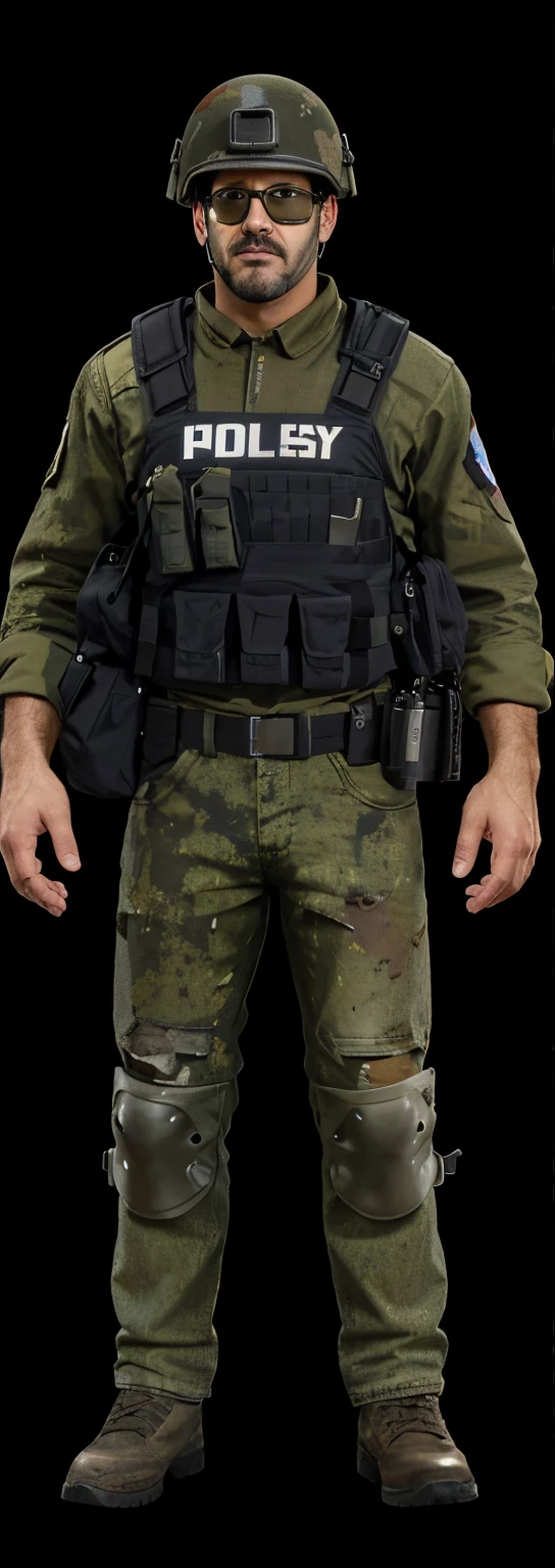 Homem 39 anos, capacete militar,com bigode , sem barba, colete militar preto, Denim Jeans Pants, camisa longa, Hyper-realistic cinematic lighting that super-details skin texture , survival, destruction, 8k, Ultra HD | | | | | | | | | | | | | |, (Post-apoc, Post-apoc_character)