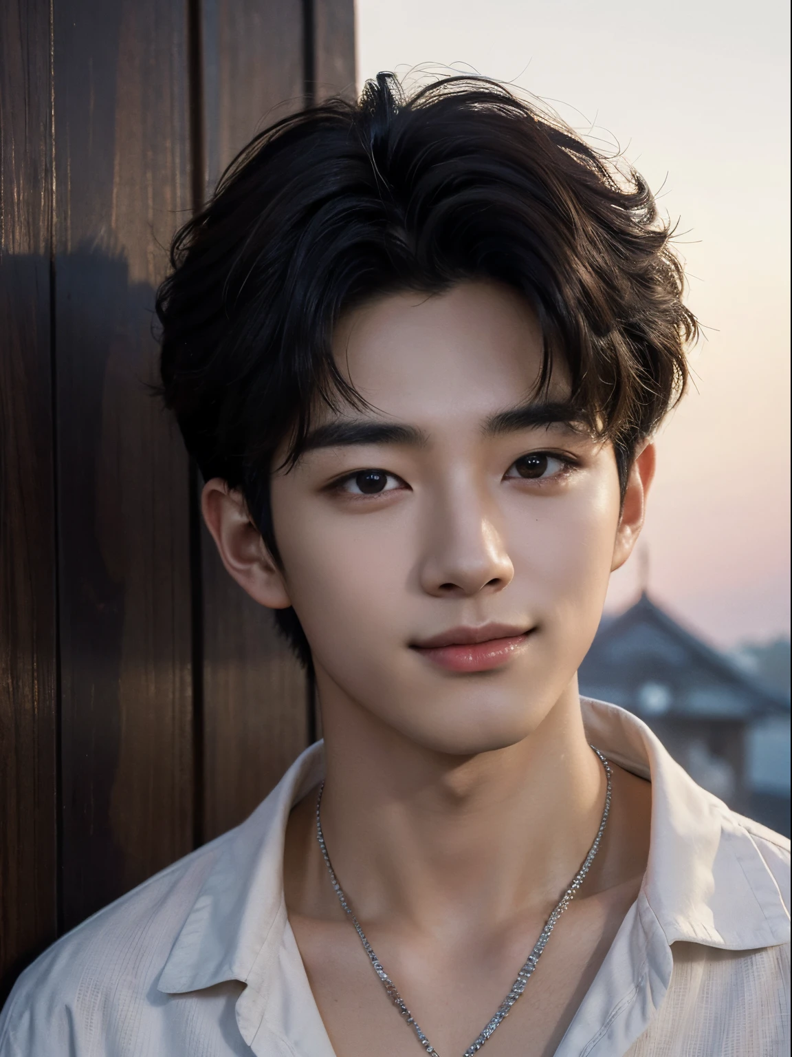 (photorealistic, masterpiece, 8K HD, good lighting quality, portrait, closing up on face, intricate details), a handsome young korean man, 20 years old, cute, happy, smiling brightly, detailed face, detailed eyes, looking at the sky, wearing casual clothing, necklace, brown eyes, black hair, smooth hair, curly hair, hair bangs, outdoors, sunset, stars, constellation, cosmical, dreamy world, surrealism, ethereal