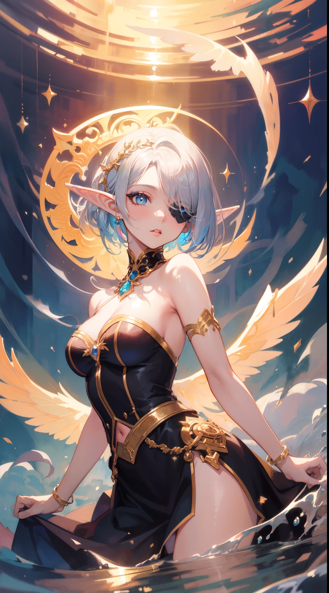 masterpiece, best quality, sharp focus, 8k, intricately detailed environment, anime, watercolor illustration, colorful, bright colors, whimsical, glowing lights, liquid otherworldly, fairy lights, beautiful elf girl in flowing liquid glowing dress, perfect face, golden ratio, sparkling eyes, watercolor, liquid light, angel wings, BREAK, (masterpiece, top quality, best quality, official art, beautiful and aesthetic:1.2), (elf), (1girl), Bob cut hair, parted bangs, (hair over one eye), white hair, lips, eyelashes, makeup, blue eyes, eyeshadow, pink eyeshadow, pink lips, extreme detailed, highest detailed, art by Artgerm, by wadim kashin, by Kawacy, by Yusuke Murata