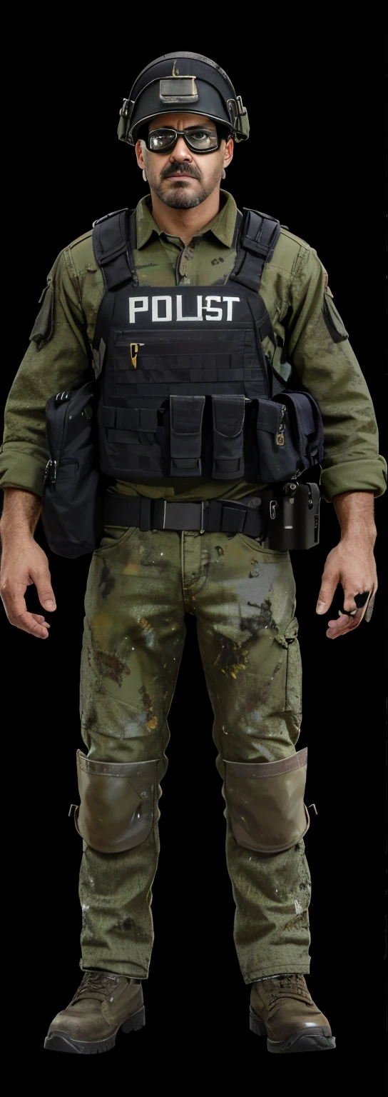 Homem 39 anos, capacete militar,com bigode , sem barba, colete militar preto, Denim Jeans Pants, camisa longa, Hyper-realistic cinematic lighting that super-details skin texture , survival, destruction, 8k, Ultra HD | | | | | | | | | | | | | |, (Post-apoc, Post-apoc_character)