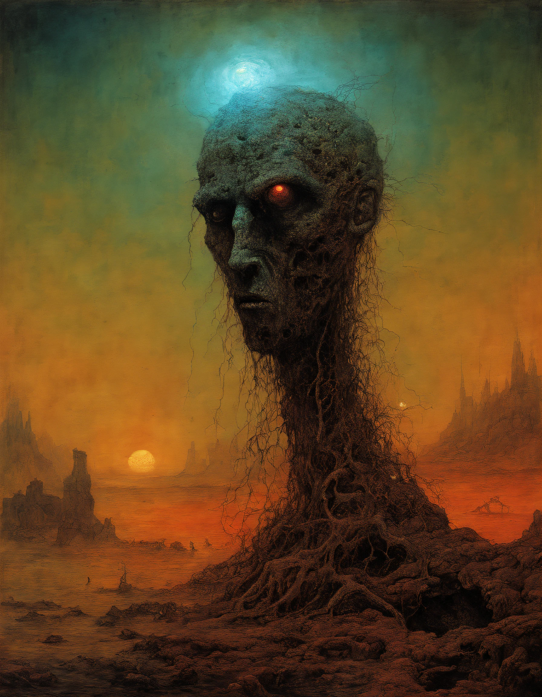 Mythological creatures, Por Zdzislaw Beksinski e Van Gogh, Album cover art, Roma, surrealismo, Futuristic ,Satan, coral, mago, abstrair, Escuro, vermelho, Inferno, Landscape, pesadelos, medo, Crueldade, ANGUISH, calamidade, Sombras, monstros, Universo Arthur Lewin, Olhos brilhantes e claros, Biomechanicals, Estranhamente, hideous, pesadelo, cores muito brilhantes, light particles, There is bright light, Mshiv, Arte do papel de parede, papel de parede ultra HD