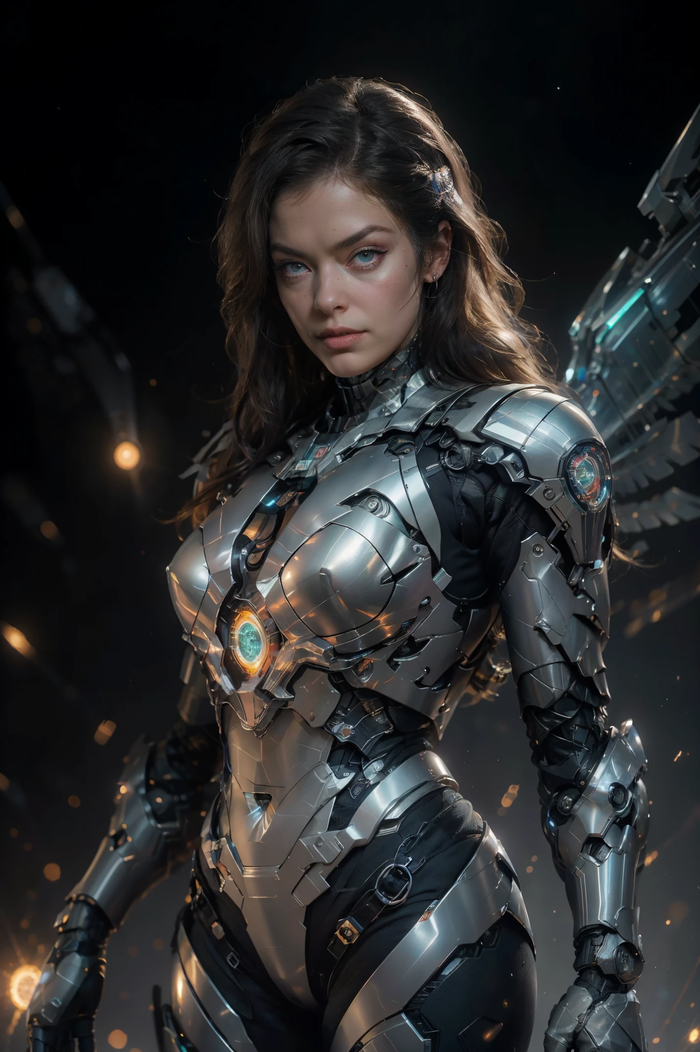 Obra-prima, melhor qualidade, super detalhado, very detailed illustrations, muito detalhado, detalhes intrincados, alta resolução, detalhes super complexos, papel de parede 8k cg muito detalhado, lente 50MM, caustic, reflexos, ray tracing, nebulosas, halos escuros, efeitos de rede, (Alison Tyler: 1.4), solo, sozinho, mecha musume, mechanicalparts, robot joints, single mechanical arm, holding a big stylized modern gun, chapelaria, mechanical halo, halo estrela, electrical mechanical bodysuit, espartilho mecha, quimono, armadura completa, cabelo loiro muito longo, cabelo loiro, cabelo entre os olhos, olhos azuis, olhos brilhantes, muito maquiados e marcados com contorno preto, labios vermelhos sedutor, provocative expression, random action, arquitetura chinesa antiga, starly sky, horizonte