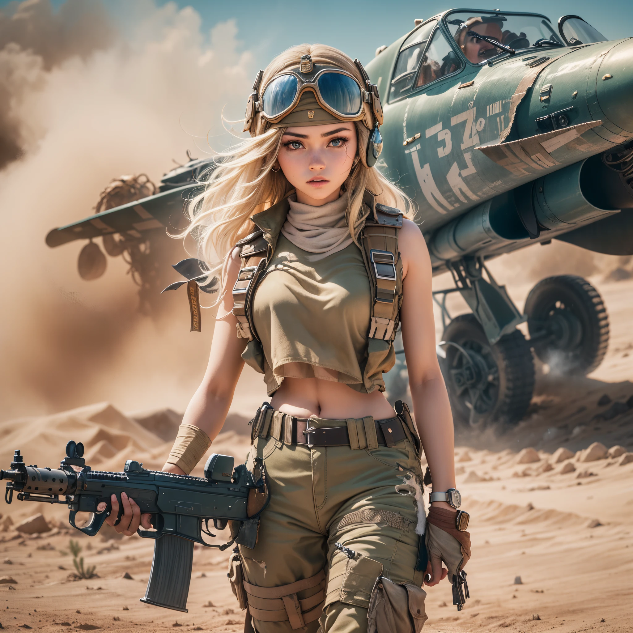 Generate an image of An 18 year old girl, blue eyes, ((high heel sandals with diamonds)), She is wearing a war helmet, she carries in her hands, a powerful machine gun ((PKM)), ((due to the heat of the desert she is naked)) The background of the image is a battlefield in the Middle East, she is under intense bombardment by SU-57 fighter planes