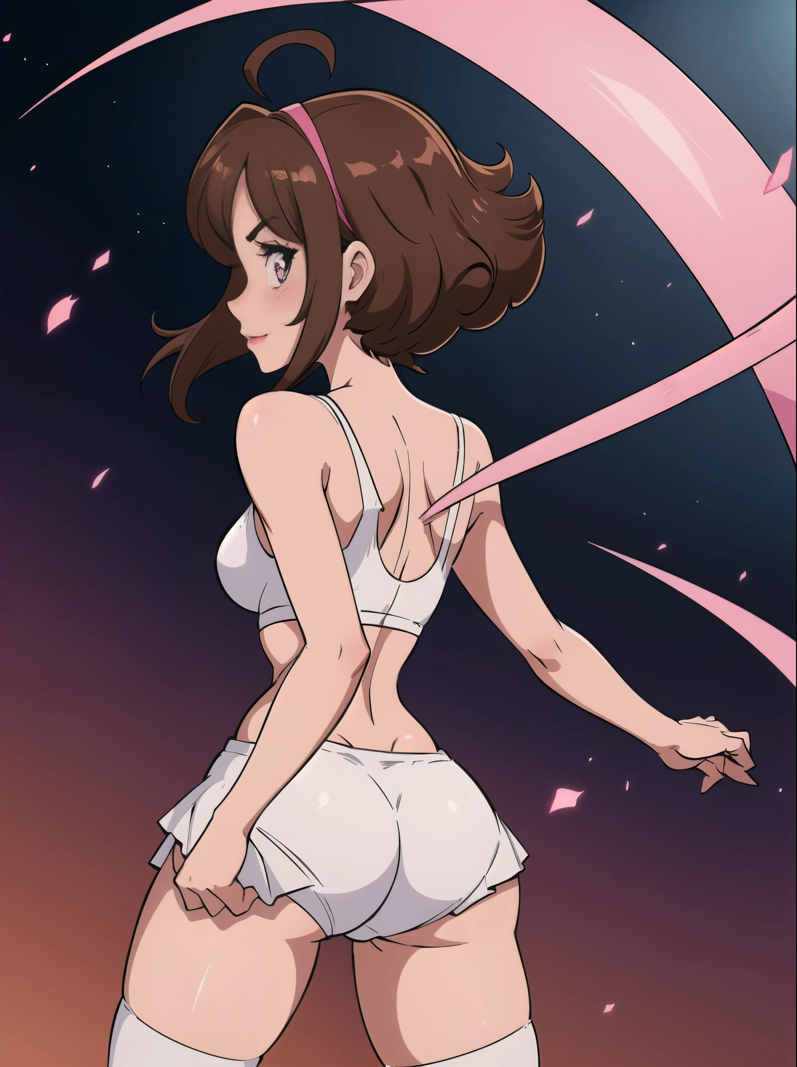 Masterpiece:1.2, Best Quality), 1lady, Solo, 17 years old, Little sister, Brown hair, Long straight hair, Pink Eye, serafuku, Slender, Cropped Top, sskirt, embarrassed expression, Seductive thighs, white tights, You can see the panties through the skirt, Bewitching posture, Obscene, blushed, Model-like body, perfect legs, Perfect arm, perfect fingers, (arched back, Appearance from behind, round ass:1.7), striped panties, embarrassed expression, hair band, snaggletooth, Joyful look, Confident Smile, Hearty laughter, Keep your gaze straight, A look at the audience, Desired posture, flirting, sports bra, Grabbing clothes and pulling them up