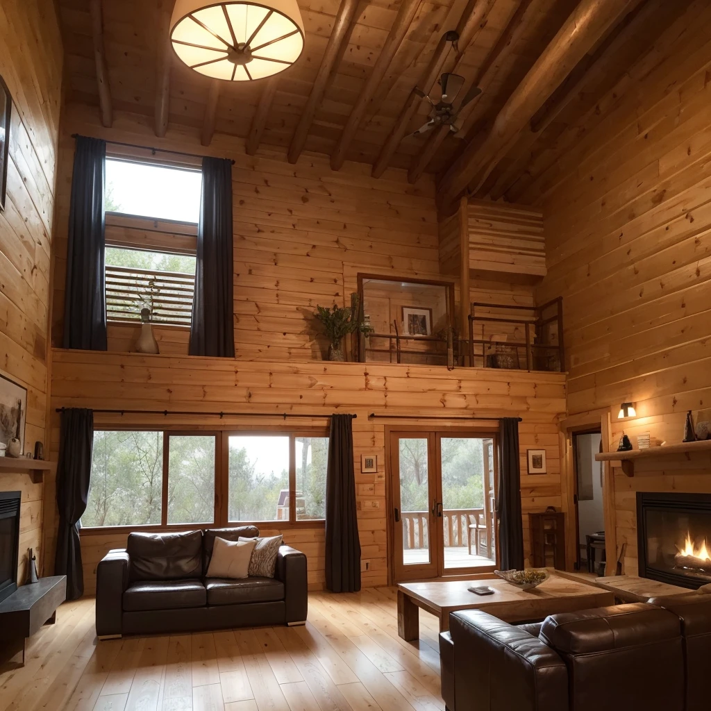 A living room with a double-height ceiling with a large window on one side, del suelo al techo, in a luxury log cabin. Afuera hay un paisaje oscuro cubierto de nieve. The living room has a fireplace and is furnished with sofas, Contemporary luxurious chairs in neutral tones, agrupados alrededor de una mesa de centro baja. The color palette of the room consists of warm tones and dark brown, and the good lighting of several lamps creates a cozy atmosphere.