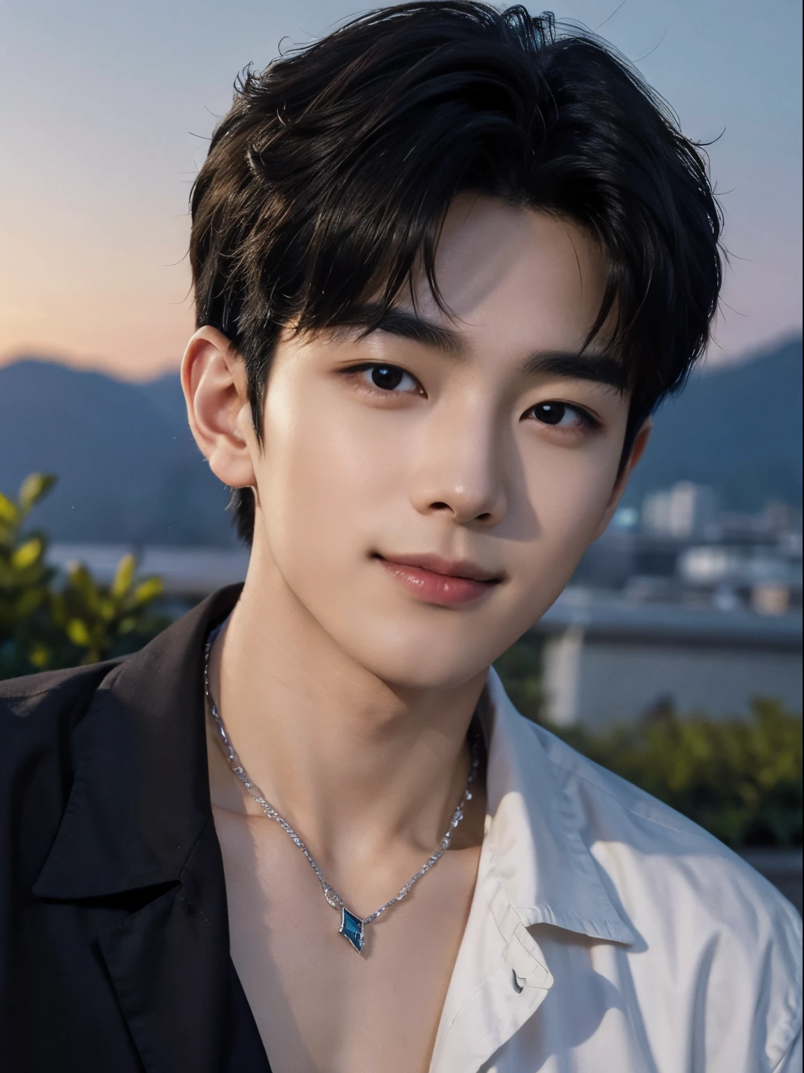 (photorealistic, masterpiece, 8K HD, good lighting quality, portrait, closing up on face, intricate details), a handsome young korean man, 20 years old, cute, happy, smiling brightly, detailed face, detailed eyes, looking at the sky, wearing casual clothing, necklace, brown eyes, black hair, smooth hair, curly hair, hair bangs, outdoors, early morning, stars, constellation, cosmical, dreamy world, surrealism, ethereal