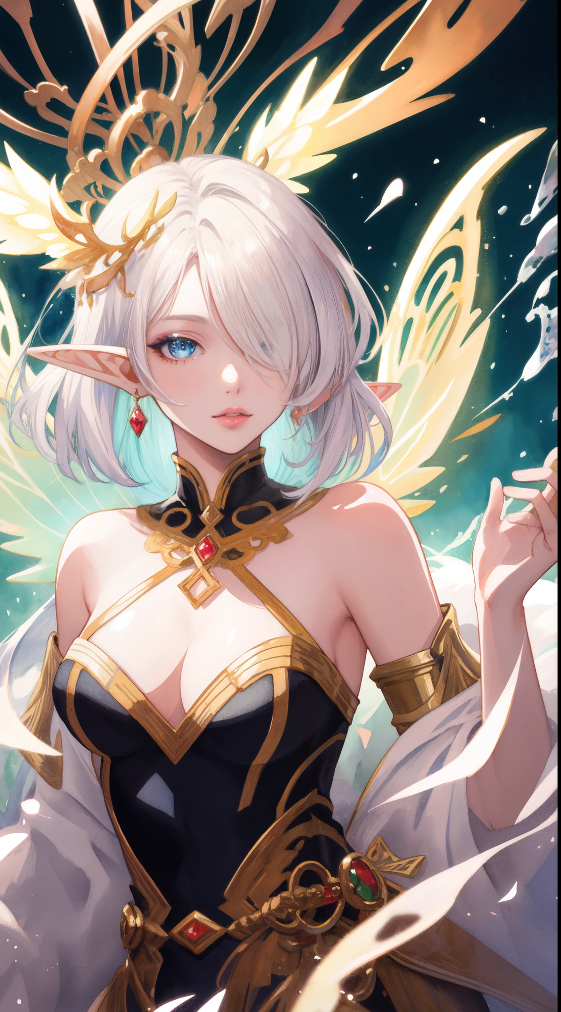 masterpiece, best quality, sharp focus, 8k, intricately detailed environment, anime, watercolor illustration, colorful, bright colors, whimsical, glowing lights, liquid otherworldly, fairy lights, beautiful elf girl in flowing liquid glowing dress, perfect face, golden ratio, sparkling eyes, watercolor, liquid light, angel wings, BREAK, (masterpiece, top quality, best quality, official art, beautiful and aesthetic:1.2), (elf), (1girl), Bob cut hair, parted bangs, (hair over one eye), white hair, lips, eyelashes, makeup, blue eyes, eyeshadow, pink eyeshadow, pink lips, extreme detailed, highest detailed, art by Artgerm, by wadim kashin, by Kawacy, by Yusuke Murata