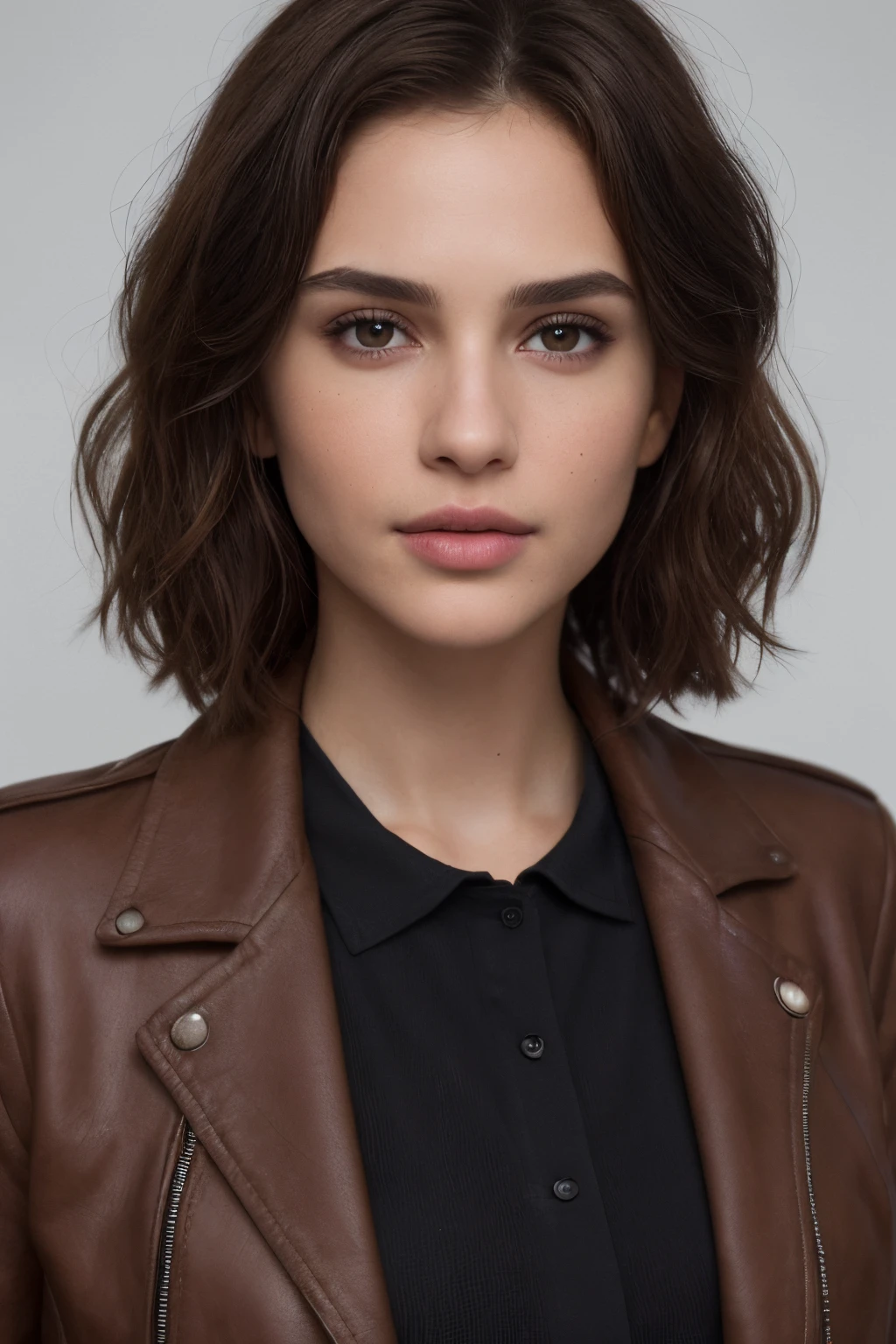 Breathtaking cinematic photo of a 30 year old girl with brown hair and eyes, serious face (brown leather jacket, black clothes, black dress shirt, shirt, jeans) beautiful lips, intricate details, shallow depth of field, film Highly detailed, high budget Hollywood, epic, beautiful, masterpiece, award winning, professional, highly detailed, detailed skin texture, (blush: 0.5), (goosebumps: 0.5). (the most beautiful woman in the world) (brown hair) (short curly hair, unruly hair, stylish cut) thin face, thin nose, beautiful, very beautiful, perfect face, slender body (slender), (brown hair) (brown eyes) (white skin) Beautiful body, western face, predatory eyes, pink lips, thick thighs. full body, western beauty, thin nose, beautiful, perfect, ((best quality)), ((ultra resolution)), ((photorealistic: 1.4)), (intricate details), perfect face, makeup: 1.5 , clear face, facial details. front view (white background)