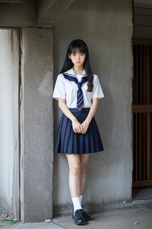 Pitch black night、((total darkness))、(((deep in the night)))、(((Inside a broken concrete building)))、((Beautiful japanese girl))、a beauty girl、(18year old)、cute little、Same school uniform、Same sailor suit、Black hair straight long hair, (Tough expression)、(dislike)、Height 170cm、8th class、(glareing)、(angry looking face)、((Navy long skirt below knee length))、the wind、Thin leg、(Niō Standing)、put strength into your body、