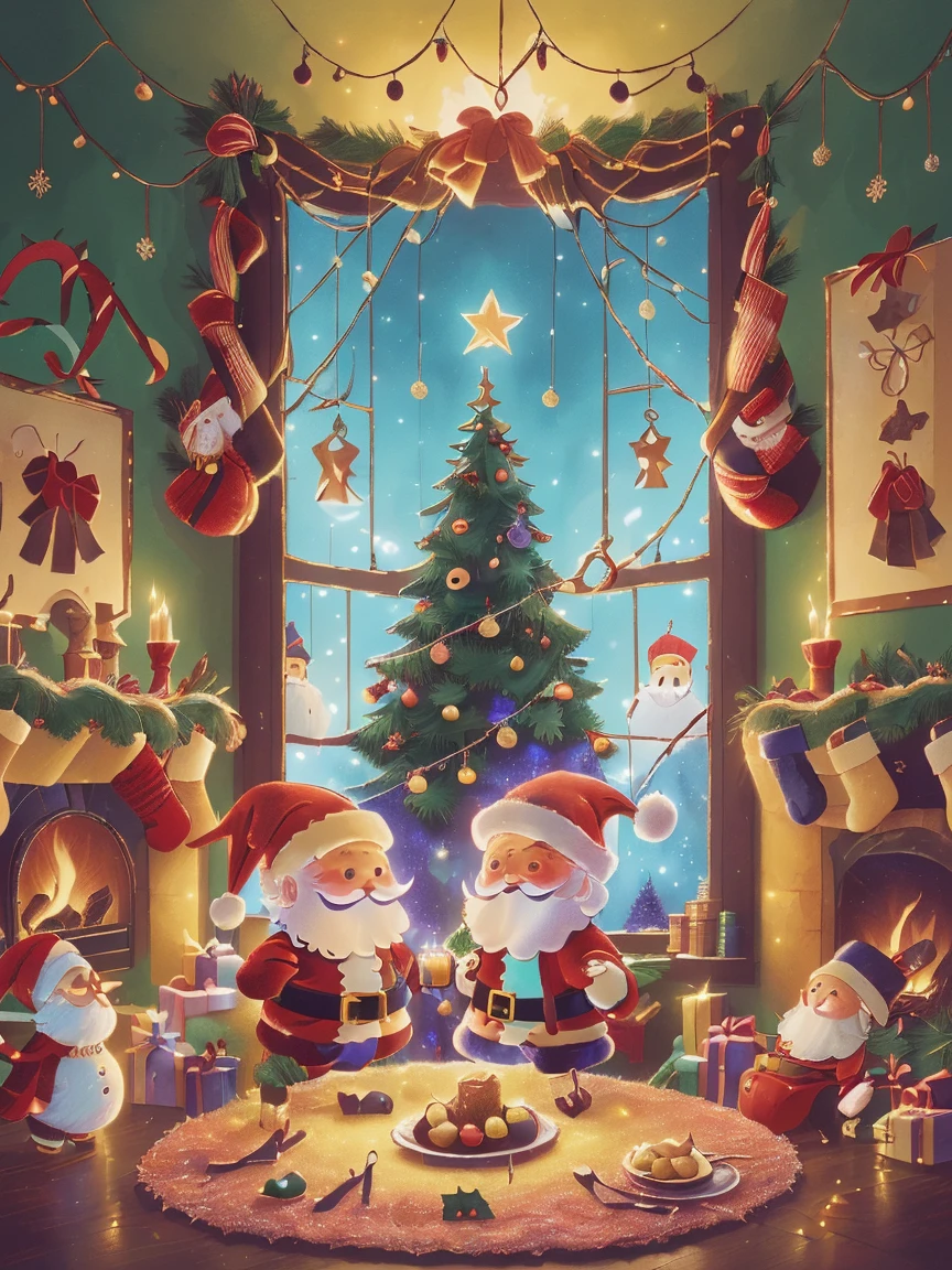 (Best quality, 8K, A high resolution, tmasterpiece:1.2), ultra - detailed, (actual, realistically:1.37), Vibrant colors, Magical atmosphere, Whimsical, ((sky full of stars,The North Star shines)),(((Use an illustration style), The room is decorated with a strong Christmas atmosphere. A string of shining colored lights hangs on the wall, Christmas wreath and little snowman on the windowsill, In the corner of the room stands a beautifully decorated Christmas tree. On a table, There are beautiful cutlery and red plates. In the center of the table, Have a sumptuous Christmas feast, Next to it is a bottle of red wine and two exquisite wine glasses. ((1 boy wearing a cute Christmas hat, 1 girl wearing cute Santa Claus costume, They snuggle together)), Smiling and looking at each other,Eyes full of happiness and warmth. There are several scented candles lit in the room, It exudes a faint fragrance. Warm fire burning in the fireplace, Brings warmth and comfort to the entire room, Surreal, Psychedelic, Complicated details, Beautiful texture, Ethereal, like a dream, Soft glowing light, Charming Patterns, Fantasy creatures, Hidden surprises, dreamlike landscapes, Surreal color palette, Mystic aura, hyper realisitc, Enchanting journey, psychedelic trip, vivid imagination, immersive experience, Mysterious Christmas, otherworldly charm, glowing paths, Light up a magical Christmas, surreal sky, Whimsical themed festivals, a magical encounter, Fascinating artwork,(Ghibli-style colors, first person perspective, hyper HD, tmasterpiece, acurate, Anatomically correct, ctextured skin, super detailing, high detal, high qulity, Award-Awarded, Best quality at best, 8K)