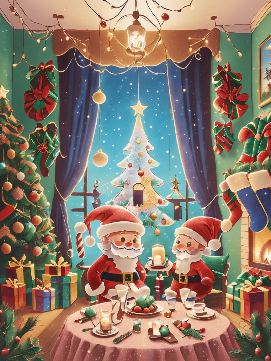 (Best quality, 8K, A high resolution, tmasterpiece:1.2), ultra - detailed, (actual, realistically:1.37), Vibrant colors, Magical atmosphere, Whimsical, ((sky full of stars,The North Star shines)),(((Use an illustration style), The room is decorated with a strong Christmas atmosphere. A string of shining colored lights hangs on the wall, Christmas wreath and little snowman on the windowsill, In the corner of the room stands a beautifully decorated Christmas tree. On a table, There are beautiful cutlery and red plates. In the center of the table, Have a sumptuous Christmas feast, Next to it is a bottle of red wine and two exquisite wine glasses. ((1 boy wearing a cute Christmas hat, 1 girl wearing cute Santa Claus costume, They snuggle together)), Smiling and looking at each other,Eyes full of happiness and warmth. There are several scented candles lit in the room, It exudes a faint fragrance. Warm fire burning in the fireplace, Brings warmth and comfort to the entire room, Surreal, Psychedelic, Complicated details, Beautiful texture, Ethereal, like a dream, Soft glowing light, Charming Patterns, Fantasy creatures, Hidden surprises, dreamlike landscapes, Surreal color palette, Mystic aura, hyper realisitc, Enchanting journey, psychedelic trip, vivid imagination, immersive experience, Mysterious Christmas, otherworldly charm, glowing paths, Light up a magical Christmas, surreal sky, Whimsical themed festivals, a magical encounter, Fascinating artwork,(Ghibli-style colors, first person perspective, hyper HD, tmasterpiece, acurate, Anatomically correct, ctextured skin, super detailing, high detal, high qulity, Award-Awarded, Best quality at best, 8K)