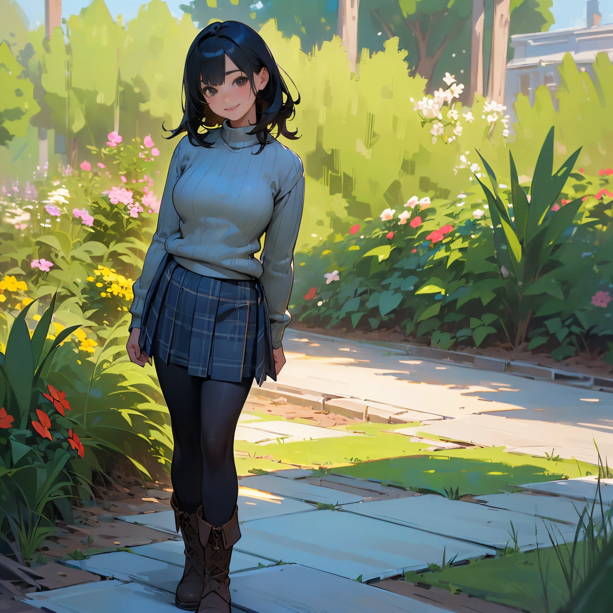 (High quality, High resolution, Ultra-detailed, Realistic:1.37), peaceful ambiance, (plein air, garden), age girl standing alone, (My breasts are big.), Beautiful detailed features, Cute smile, (Black bob hair), Ribbed sweater, blue plaid skirt, Black tights, Brown boots.