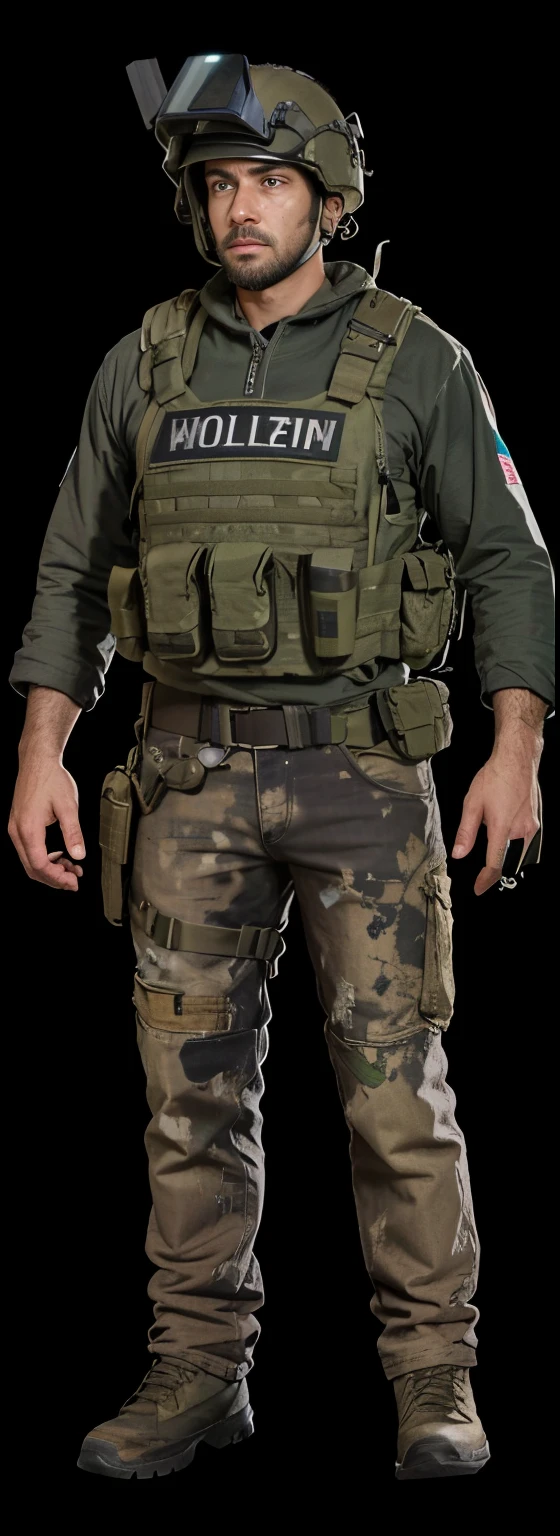 Homem 27 anos, military helmet with night vision, sem bigode, sem barba, colete militar preto, Denim Jeans Pants, camisa regata branca, Hyper-realistic cinematic lighting that super-details skin texture , survival, destruction, 8k, Ultra HD | | | | | | | | | | | |, (Post-apoc, Post-apoc_character)