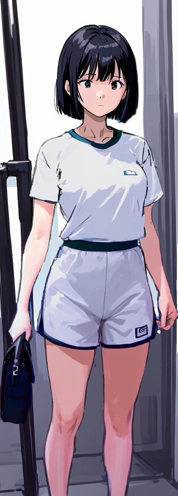 An adult woman with a bob cut, wearing white gym clothes on top and a dark blue jersey on the bottom, is standing looking at the playground with a sad expression on her face.。