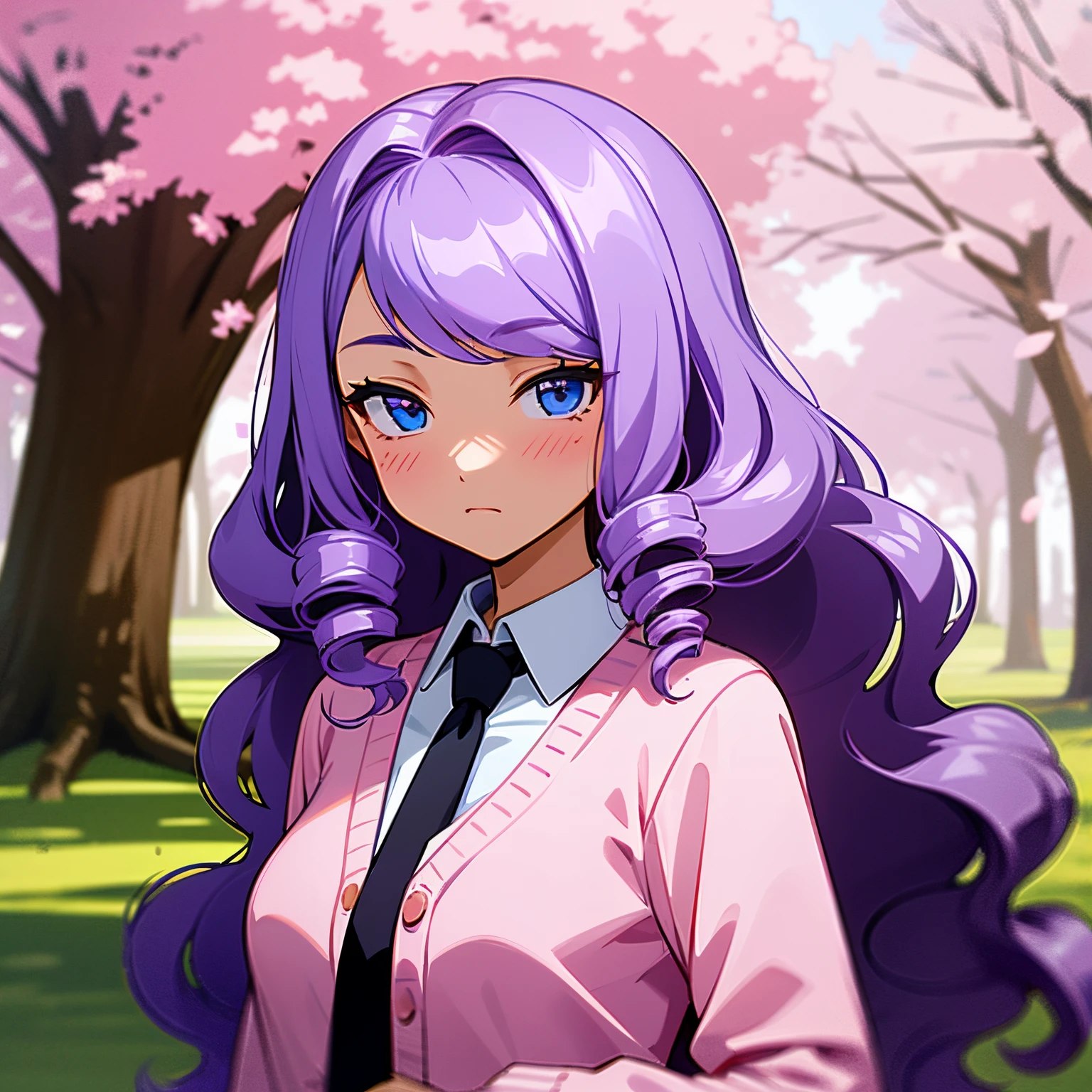 A beautiful highschool girl with long wavy violet hair, drill curls, side swept bangs, blue eyes, light tanned skin, blank expression, slight blush, wearing a white long sleeve shirt, plain black necktie, and pink cardigan, at  the park, surrounded by cherry blossom trees