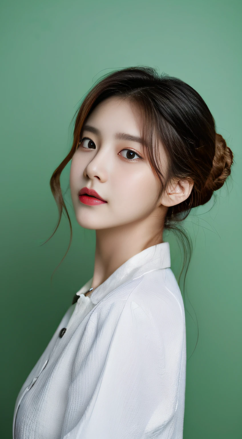 ((Top Quality, 8K, masterpiece: 1.3)), 1woman, 20yo, Korean female idols: 1.5, 90 degree side view:1.5, colored solid background:1.5