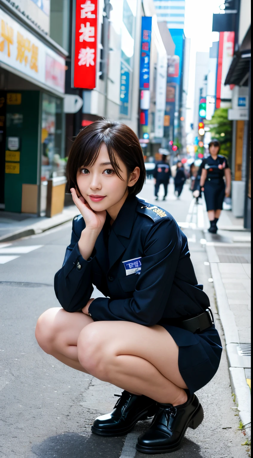 Best-quality, Masterpiece, Ultra-High-Resolution, (Photorealistic:1.4), Raw-Photo, Extremely-Details, Perfect-Anatomy, Ultra-detailed, 1girl, the most famous Japanese actress in Japan, wearing Japanese policewoman's uniform, squatting and cracking down on illegal parking on Hiroshima's main street, extremely beautiful face like the most popular Japanese actress in Japan, extremely beautiful big black eyes, extremely beautiful black solid circle eyes, extremely beautiful black short-cut-haired, extremely beautiful thighs, extremely beautiful legs, detailed Japanese-policewomen's-uniform, detailed Hiroshima's main street, detailed beautiful face, detailed beautiful big black eyes, detailed beautiful black solid circle eyes, detailed beautiful black short-cut-haired, detailed beautiful thighs, detailed beautiful legs
