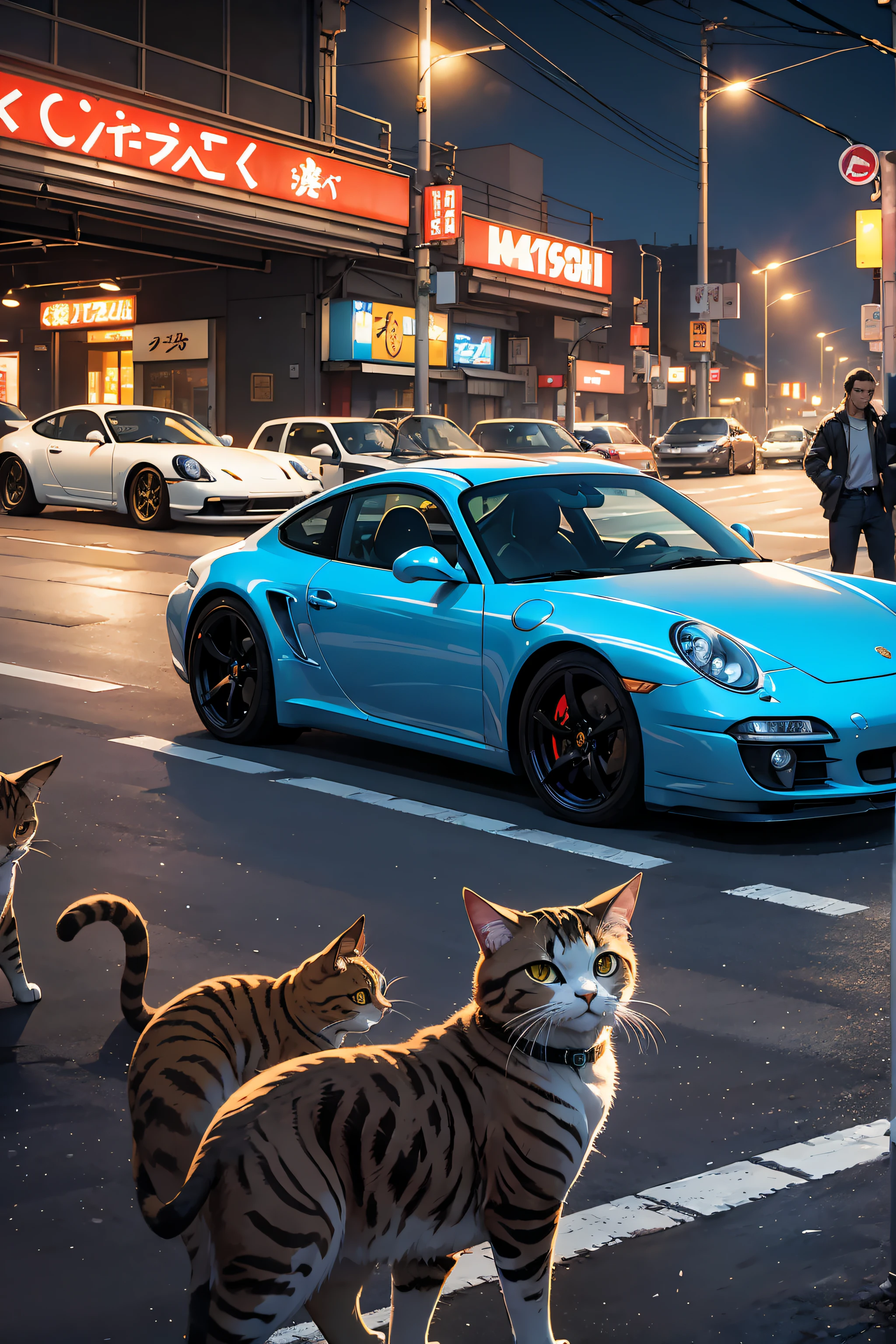 fast and furious with cats, cars and cats, streets of tokyo japan, image of porsche 911 on the street, brown tabby cats sitting around the car looking at viewer, highly detailed cats, correct proportions, night time, street lights, convenience store in background behind car, 1car, vintage neon signs, best quality, highly detailed image, 8k, high resolution, masterpiece, HDR, ray tracing