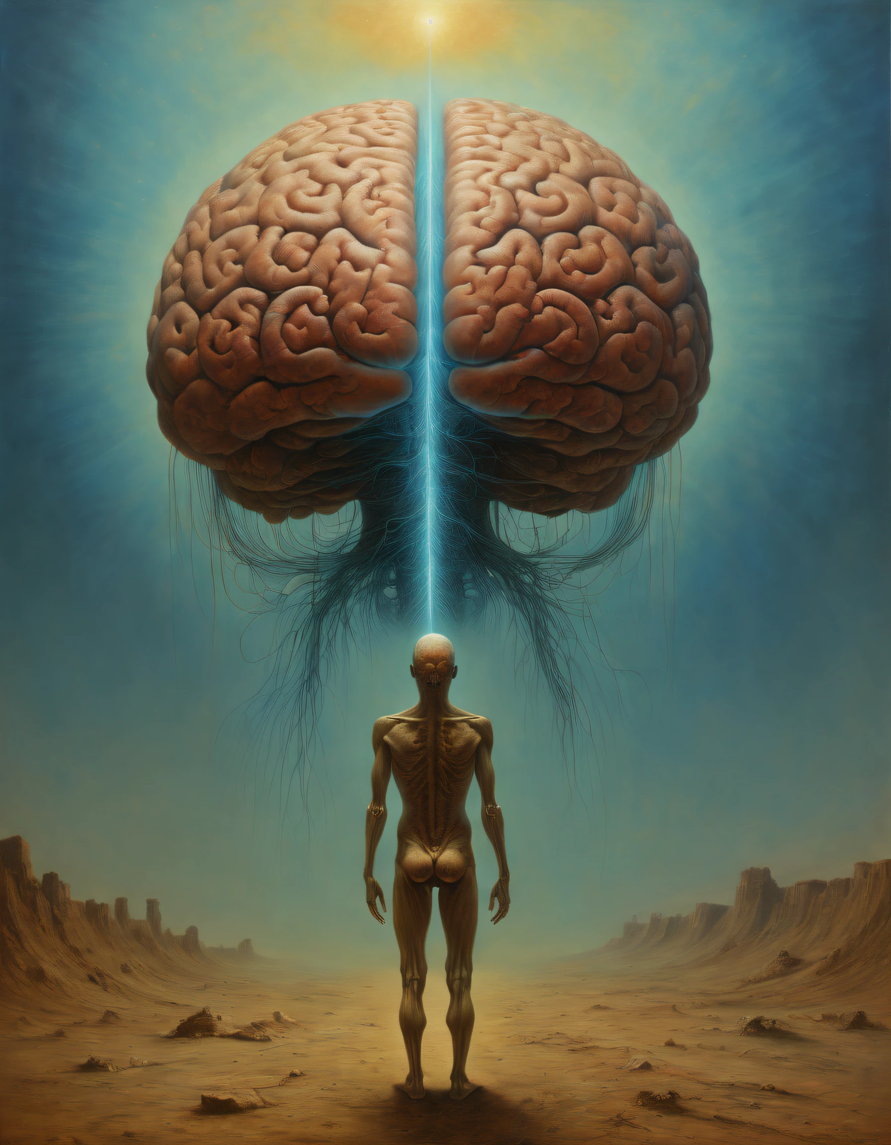 Image in Zdzisław Beksiński style (Pessoas vazias, without abdomen, just the rib cage mold, procure procurar suas almas. (movimentos exagerados) (arid climate) (heads in the painting style of Francis Bacon) (atmosfera de espanto) (Post apocalyptic) (opressor), ciborgue macho, Perfect centralization, a painting of a silhouette of a human brain or head, with lines that represent paths or connections, symbolizing evolution and growth before a sky full of stars, cosmic entity, Beksisnski, portal to the ethereal realm, astral projection, ascension, portrait of a cosmic entity, astral appearance, emanando com aura azul, Viagem Astral, portal 3, um ser interdimensional, Transcendente, cosmic enlightenment, Wojtek Beksinski MacManus com asas douradas sim, An alien healing lab A quantum vibrational extraterrestrial platform with ethereal sine waves and cybernetic codes stands out, emitting an ethereal glow. The aura of a man inside the platform receiving energy from being an ethereal body of light, apenas a aura daquele humano , Cercado por uma aura de luz vibrante que representa seu campo de energia. Hertz bands dance through the air in complex shapes, while the cybernetic vibratory codes flow like rivers of light around the individual. The chakras are visible as spinning vortices of intense colors, each aligning perfectly with the vibratory frequencies. The holographic platform projects a hologram