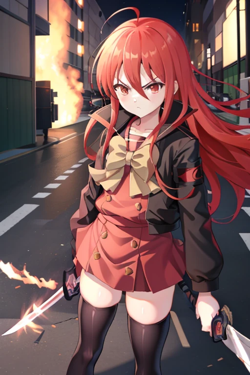 masutepiece, Best Quality,the Extremely Detailed CG Unity 8K Wallpapers, 
1girl in,Shana,Red hair,Red Eyes,Ahoge,Mini skirt dress，Riders Jacket，arma(Japanese Katana Sword)，Holding the Japan sword，the blade is engulfed in flames，knee high socks，Knee-high boots with tuck grounds(In the street，rubble)，expressioness(Serious face)