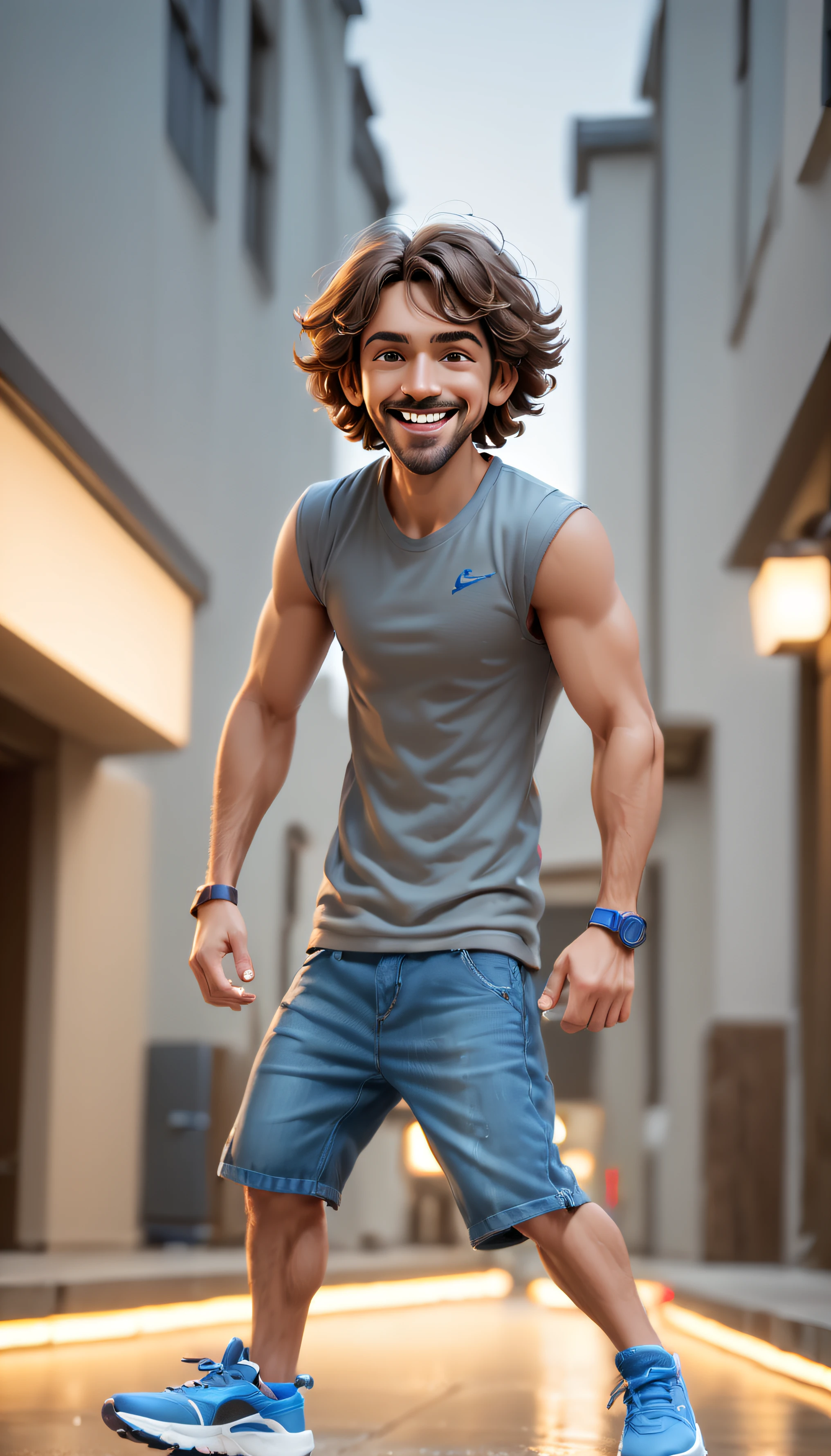 Estilo pixar, homem forte, sorriso (obra-prima, melhor qualidade: 1.4) light painting, (long exposure: 1.2) corrida, academia, sneaker, fone de ouvido, homem academia, cabelo castanho, barba, water bottle,, movimento fluido, Captivating patterns, creative experimentation,( 1 girl),(maior detalhe),(exercise photo: 1.2), dinamic pose