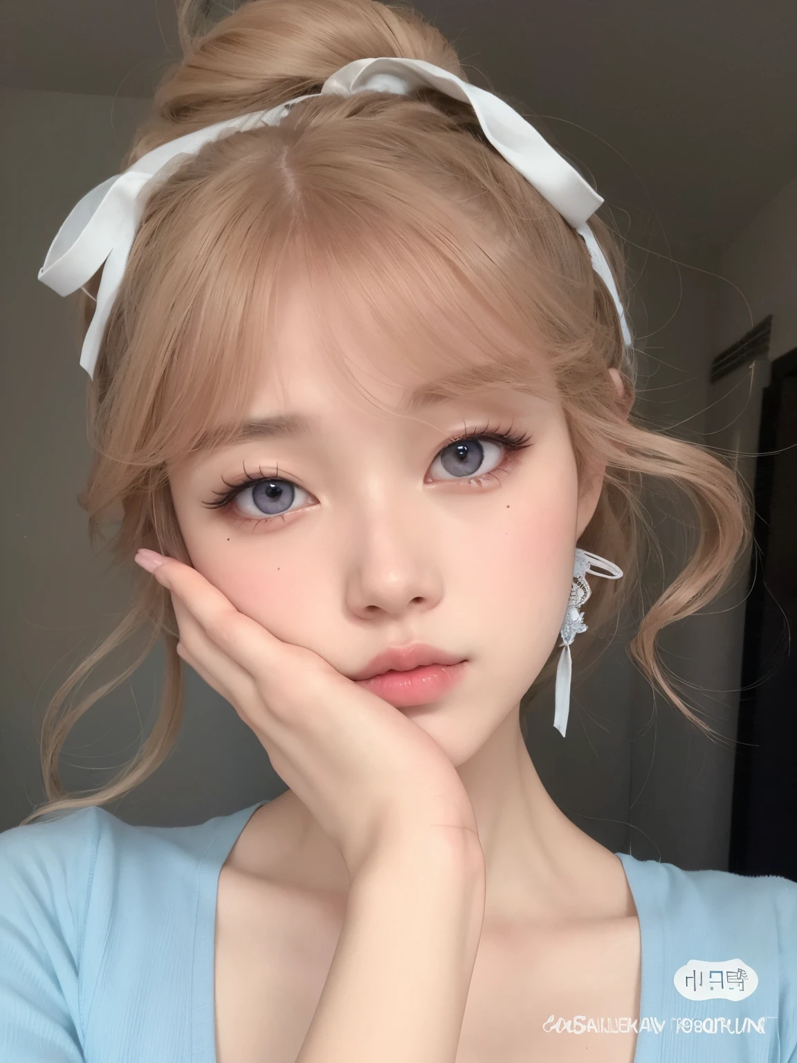 un primer plano de una mujer con una camisa azul y un lazo blanco, Linda cara de anime natural, maquillaje popular de Corea del Sur, Retrato realista kawaii, maquillaje coreano popular, ulzzang, maquillaje suave, beautiful pale makeup, Cara linda clara, Joven y adorable rostro coreano, Bonita cara de anime, Linda chica kawaii, Beautiful aesthetic face, maquillaje pastel, pale round face, linda cara de anime