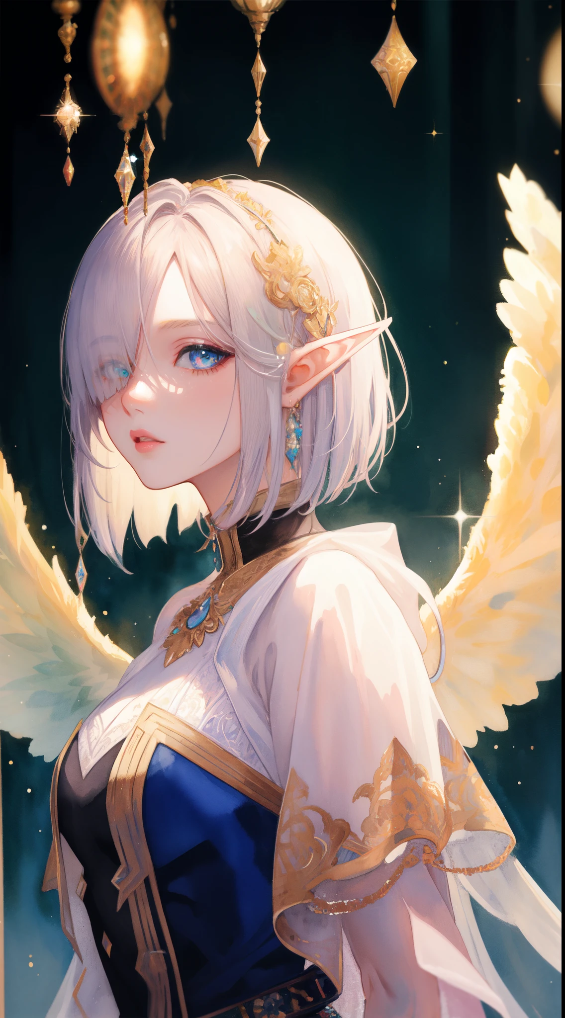 masterpiece, best quality, sharp focus, 8k, intricately detailed environment, anime, watercolor illustration, colorful, bright colors, whimsical, glowing lights, liquid otherworldly, fairy lights, beautiful elf girl in flowing liquid glowing dress, perfect face, golden ratio, sparkling eyes, watercolor, liquid light, angel wings, BREAK, (masterpiece, top quality, best quality, official art, beautiful and aesthetic:1.2), (elf), (1girl), Bob cut hair, parted bangs, (hair over one eye), white hair, lips, eyelashes, makeup, blue eyes, eyeshadow, pink eyeshadow, pink lips, extreme detailed, highest detailed, art by Artgerm, by wadim kashin, by Kawacy, by Yusuke Murata
