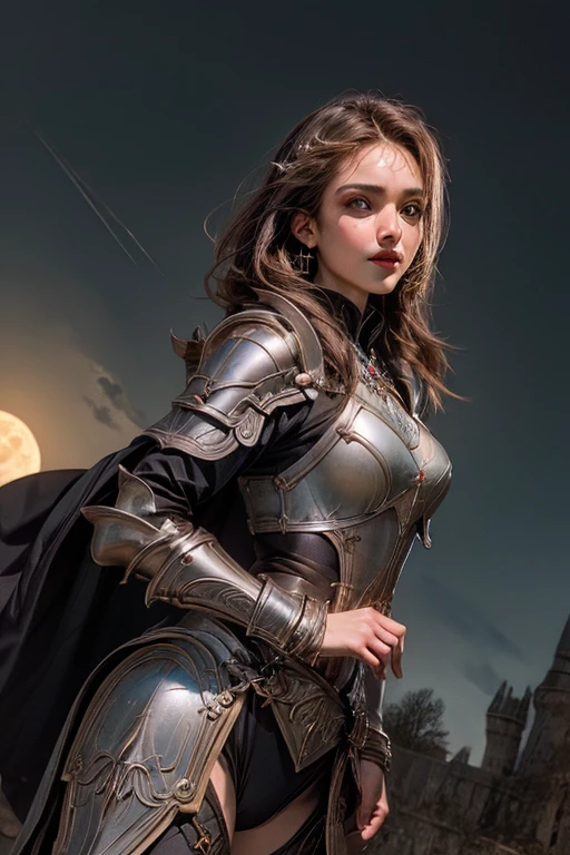 dnd, Dunkle Kunst, 1 beautiful female warrior in love walks to large medieval castle, pretty face like Jessica Alba, blaue Augen, mischievous smile, Langes lockiges Haar, He wears heavy plate armor with Lord of the Rings-style decorations, perfect hands, Highly detailed, Halten Sie eine (great majestic spear:1.1) In ihrer Hand, ((Blut)), Schroffe Landschaft, Sonne, nightfall, Blitz, Sterne am Himmel, Mond und Mondlicht, Dynamische Pose, drastic atmosphere, filmischer Hintergrund, (Meisterwerk:1.2), hight resolution