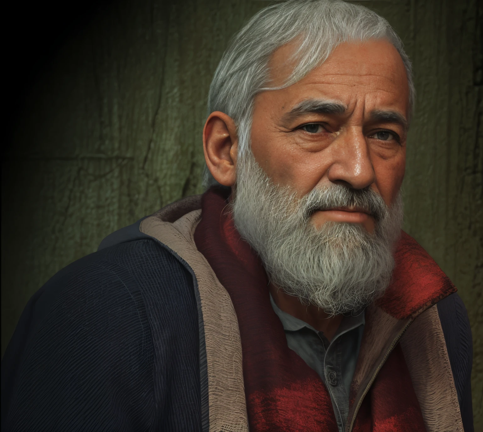 there is a man with a beard and scarf, 3d render senior artist, cinematic bust portrait, Velho cyberpunk, Cinematic realistic portrait, retrato detalhado do caractere, Retrato de esconder a dor Harold, Personagem altamente detalhado, inspirado no artista de personagens seniores, cinematic full character, Wise old man, Iconic character of high detail, retrato do homem velho, retrato de personagem de closeup, retrato do personagem