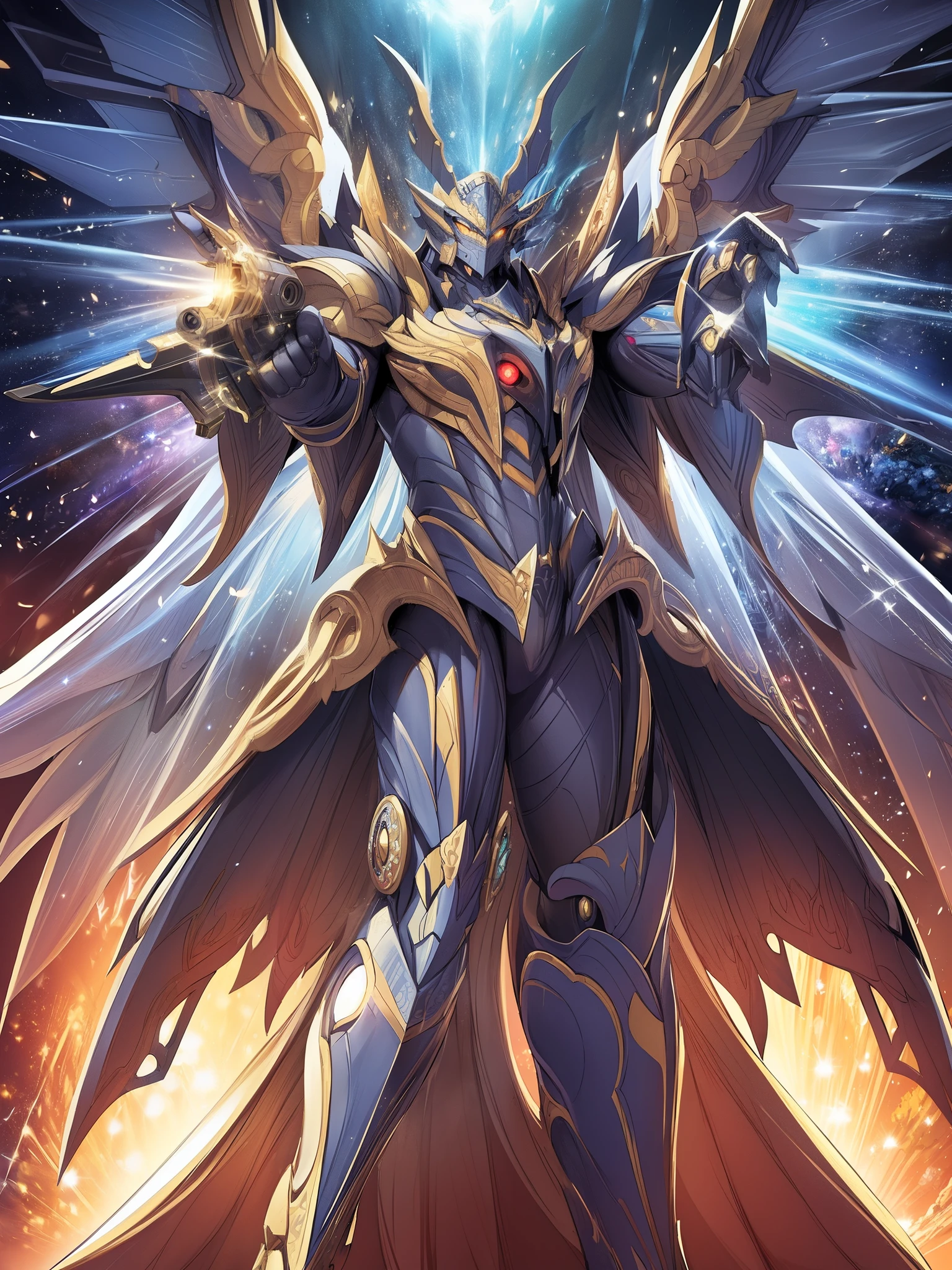 (masterpiece, best quality:1.3),extremely high detailed, intricate, 8k, HDR, wallpaper, cinematic lighting, (universe:1.4),gun,(shooting position:1.3), glowing, armor, glowing eyes, mecha, large wings,