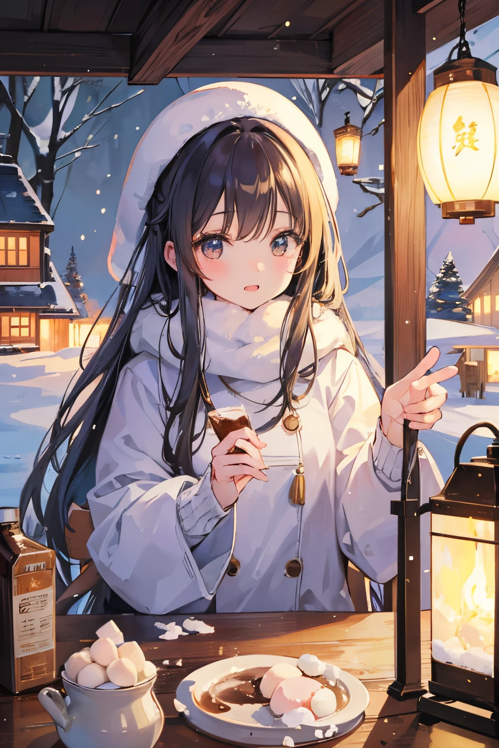 Illustration of a girl enjoying mochi and cocoa inside a snow-made igloo. The scene is lit by nostalgic lanterns, creating an overall nostalgic and finely detailed atmosphere. Aspiring to be a high-quality masterpiece, aiming for the best possible result