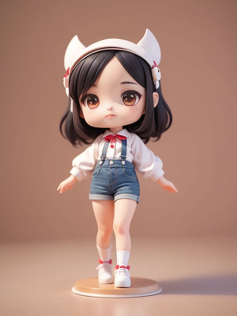 Anime girl standing in jeans and white shirt., Black Hair, The face has a red halo., cute cartoon style, cute cartoon character, Chibi Girl, Cute cartoon, Cute art style, The character is her natural demeanor., Cute cartoon, cartoon art style, cartoon style illustration, chibi style, Cute illustration, short full vertical! , cartoon style, cartoon art style, in cartoon style