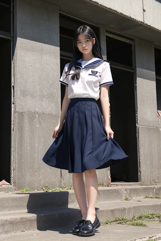 Japanese、18-year-old、high school girl、Light blue sailor suit、whole body、Bye-bye with both hands