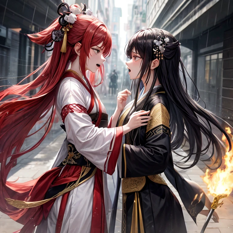 Um homem negro alto e musculoso contra uma rainha em Hanfu,Duel of mixed genders,orgasmic face,de baixo,