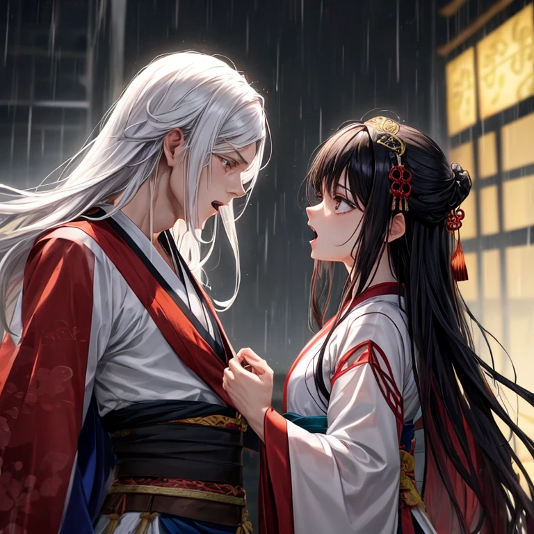 The grieving boy knelt on the ground,Covered in blood,expression sad,He was wearing a Hanfu covered in blood,Holding a sword in his right hand,The background is a woman lying on a bed